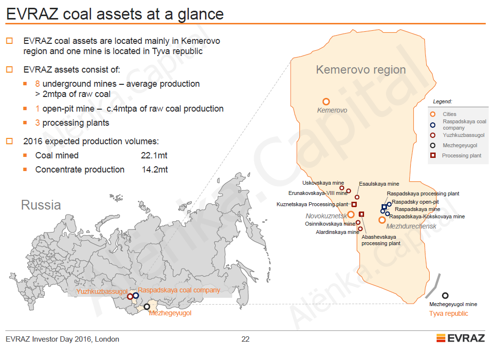 EVRAZ уголь карта активов 2016